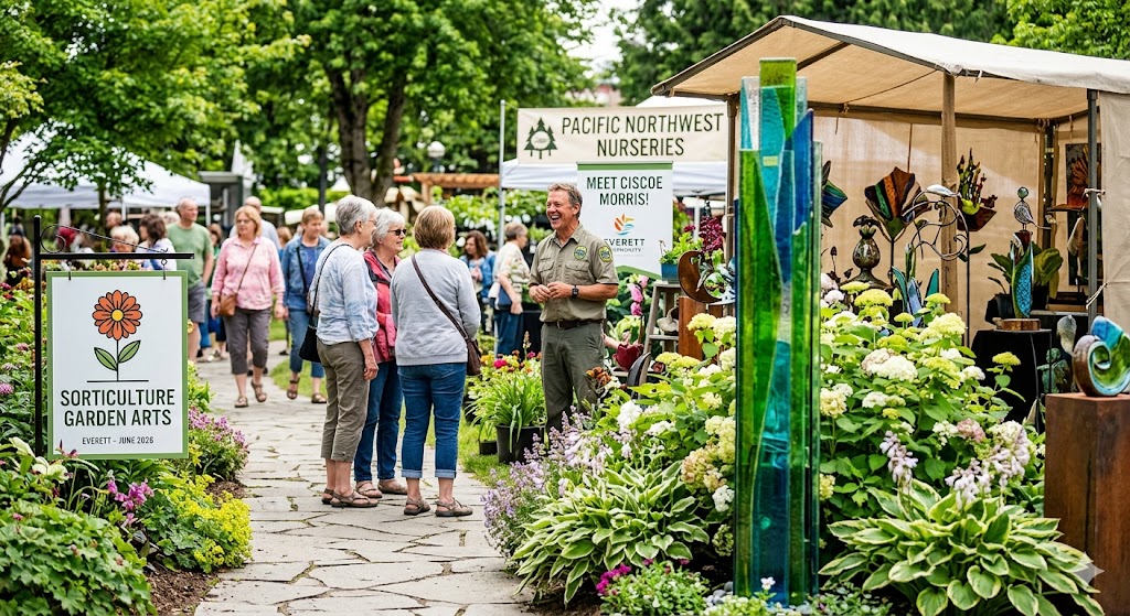 Crowds enjoying Sorticulture Garden Arts Festival in Everett, featuring outdoor garden art and nursery displays under a clear June sky.
